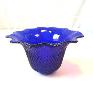 Vintage Cobalt Blue Diamond Quilted Ruffled Art Glass Bowl Vase - Fenton Style -